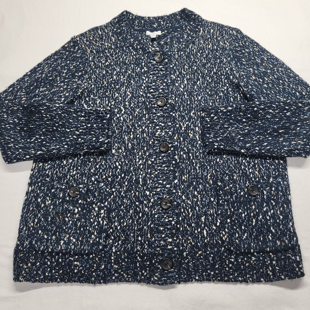 J Jill Chunky Knit Cardigan Navy Gold Metallic XL NEW Front Pockets Button